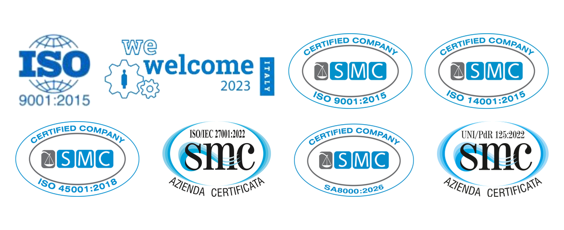 Certificazioni: ISO 9001:2015, we welcome Italy 2023, ISO 9001:2015, ISO 14001:2015, ISO 45001:2018, ISO/IEC 27001:2022, SA8000:2026, UNI/PdR 125:2022
